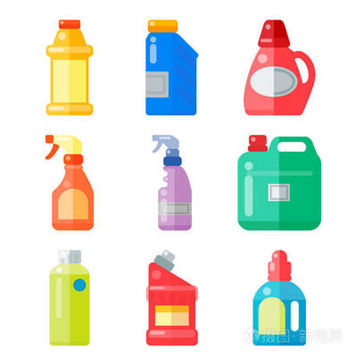 家用化学品清洁用品的瓶子清洗家务塑料洗涤剂液体家用液体清洁剂包装矢量插图